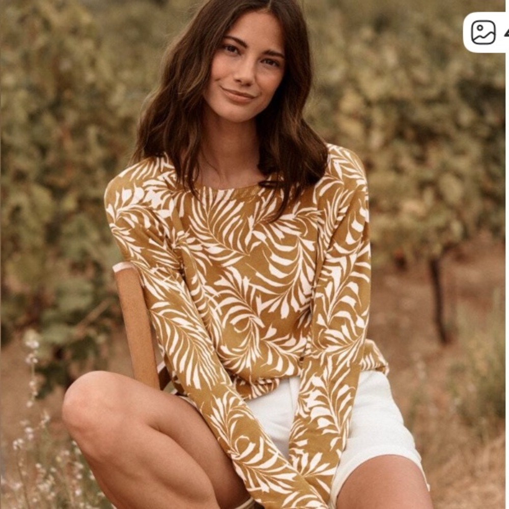 Garnet Hill Mustard and White Leaf-Print Crewneck Sweater